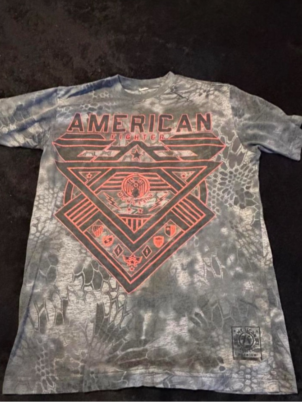 American Fighter Black & Gray Tie-Dye Graphic Tee with Red Front Print